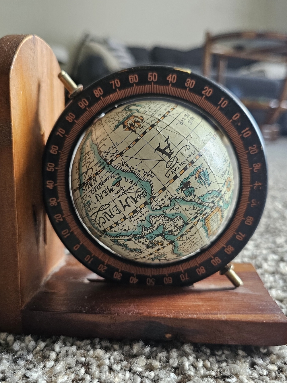 Antique-Style Desktop Globe with Wooden Stand - Teal & Cream